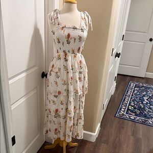 Very feminine White Floral Maxi Dress with Smocked Bodice and Tie Straps